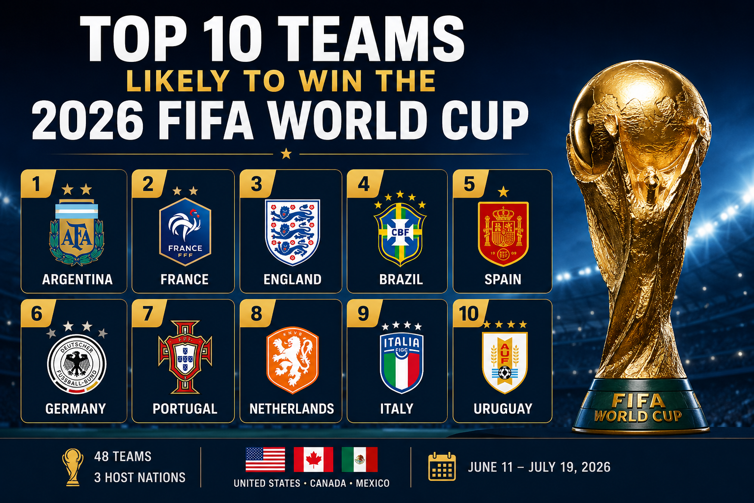 Top 10 Teams Likely to Win the 2026 FIFA World Cup